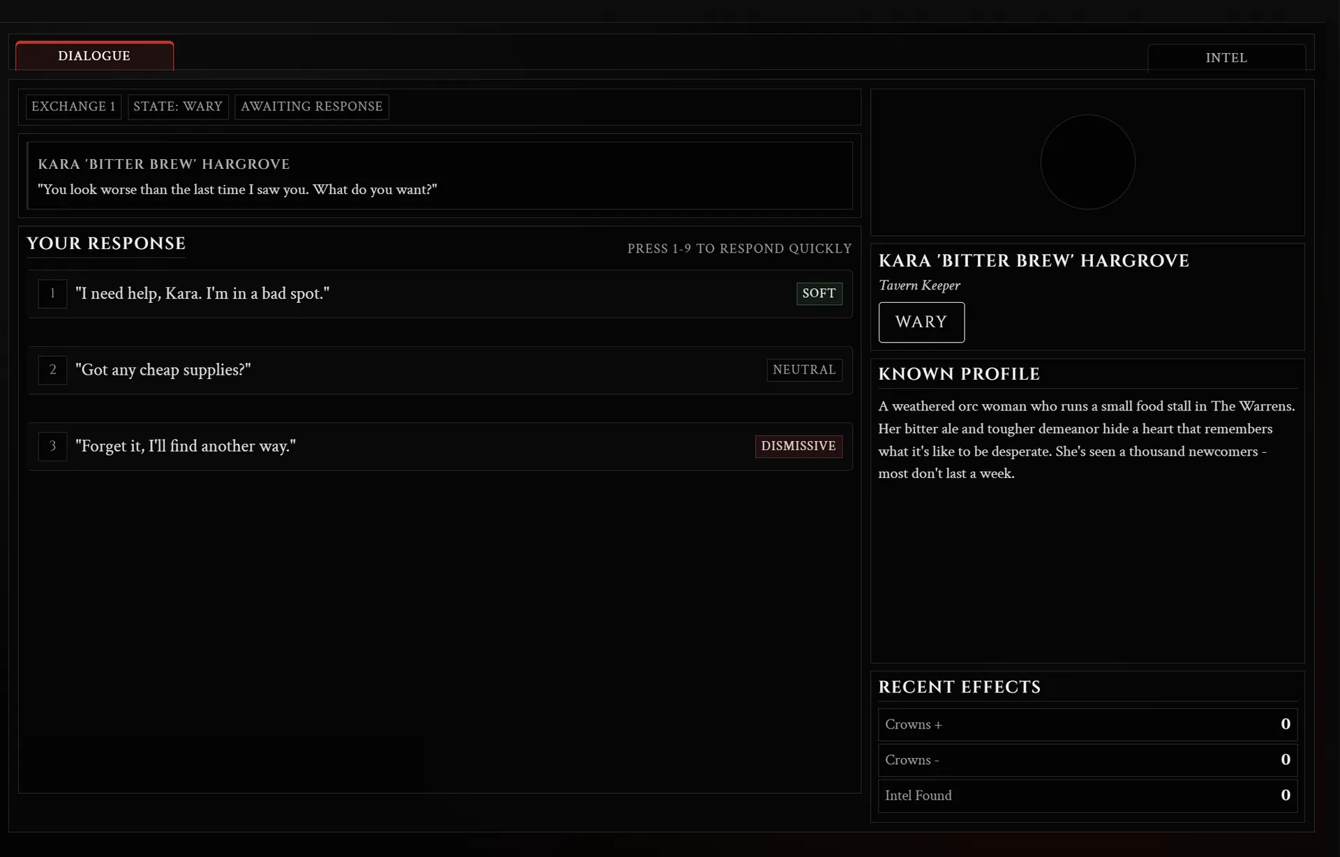 LoreWeaver Director dialogue view: an NPC tavern keeper with state, response options, and known profile